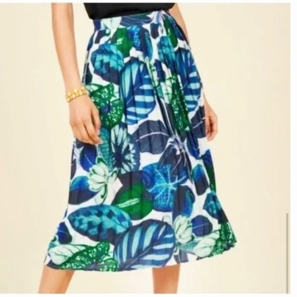 ModCloth Tropical Leaf Pleated Midi Skirt M‎ Blue Green